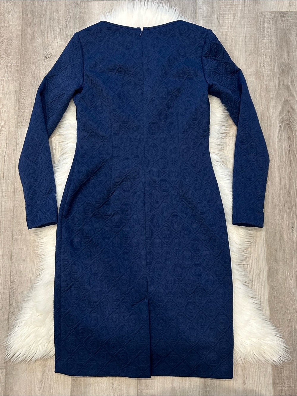 Betsey Johnson Size 8 Textured Geometric Diamond Dress Long Sleeve Navy Blue - Picture 11 of 16